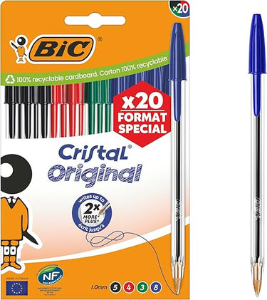 BIC Cristal Original Stylos-Bille Pointe Moyenne (1,0 mm) avec Capuchons et Embouts Assortis - Couleurs Assorties, Pochette Format Spécial de 20